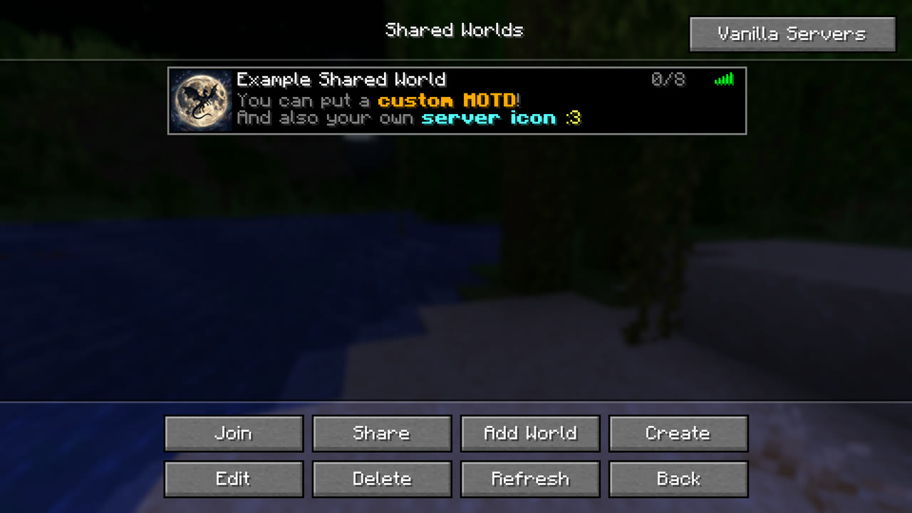 The Shared Worlds menu in Minecraft, showing a world with a custom icon and a colored message