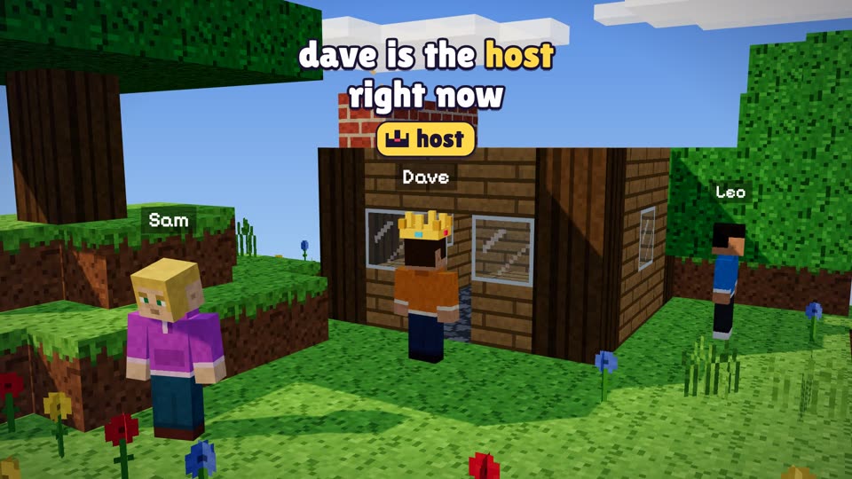 Dave standing by the house with a yellow host label above his name