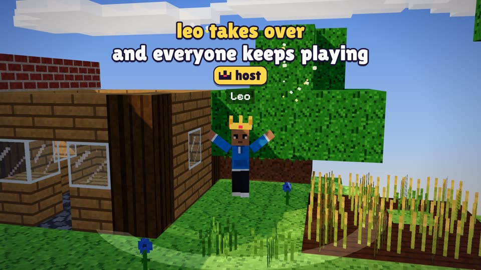 Leo cheering with the crown and host label above him